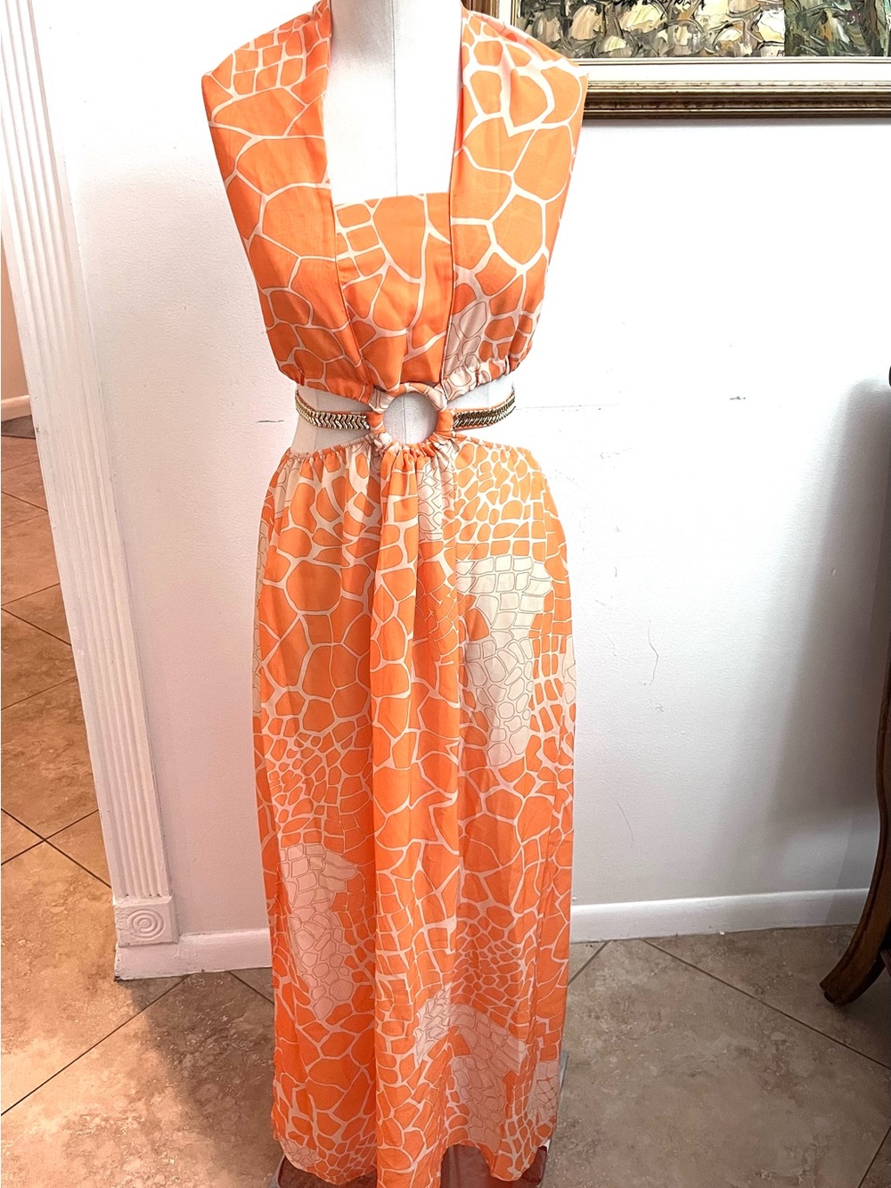 ELF Orange Patterned Halter Maxi Dress with Ring Waist